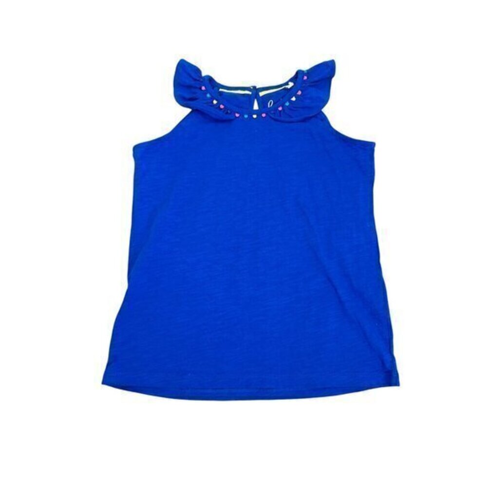Girls Blue Boden Sleeveless Top With Ruffled Neck & Pom-Pom Detail Size 7-8Y 128